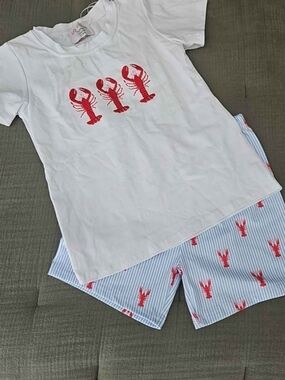 White & Blue Lobster Short Set - Red Print